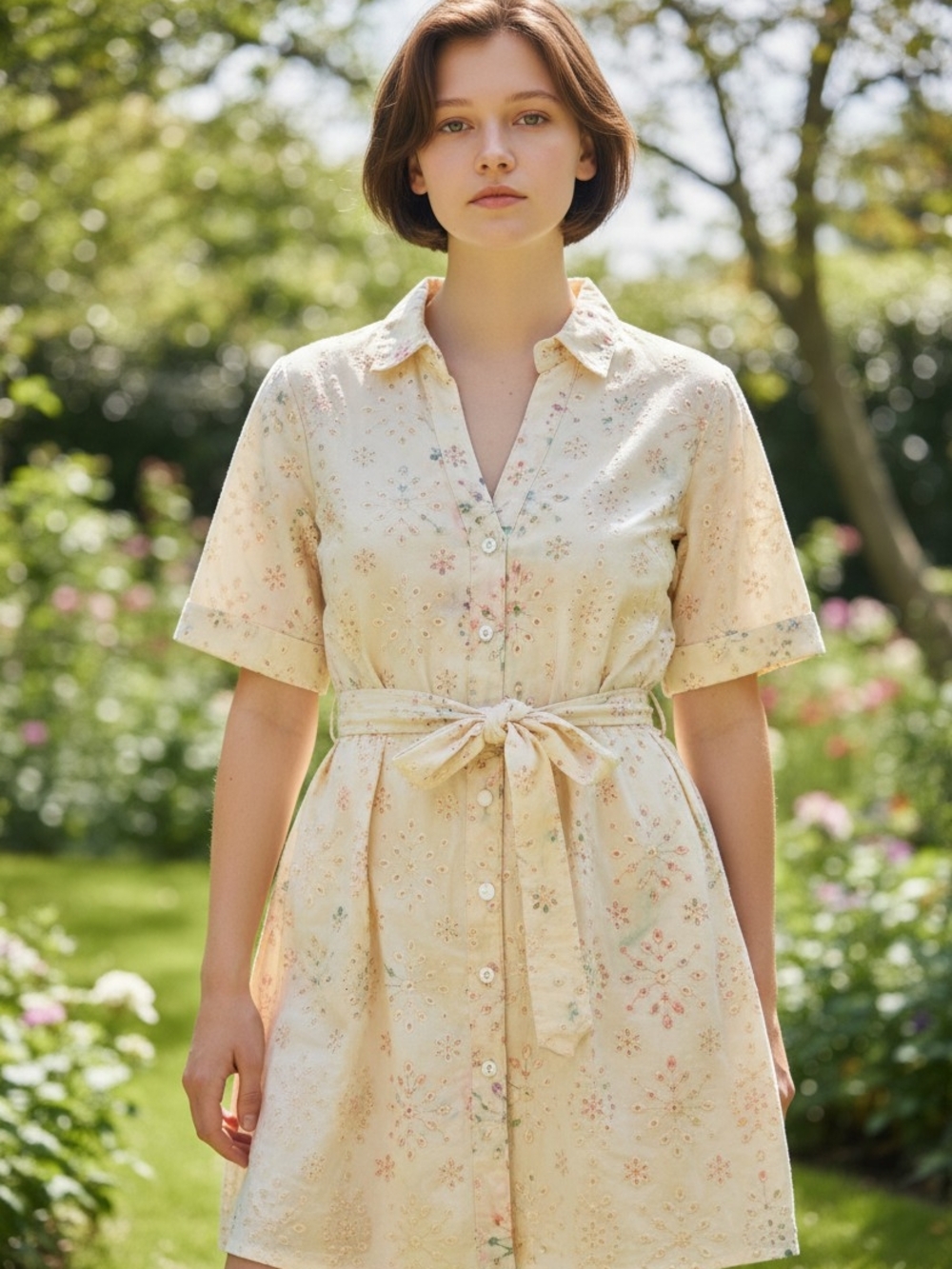 SOLITAIRE Cream Floral Eyelet Mini Shirt Dress with Tie Waist Size Small
